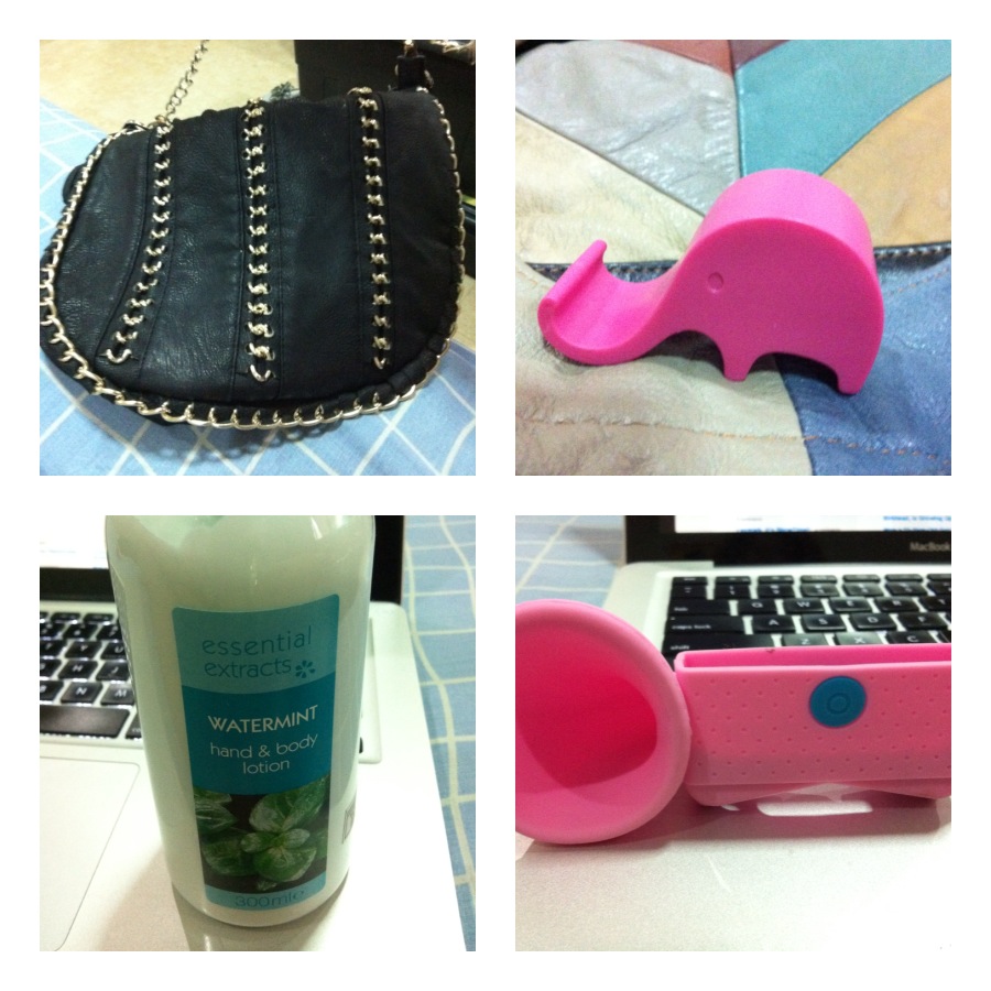 from top to right: black party bag, phone stand, M&S lotion, iPhone horn stand